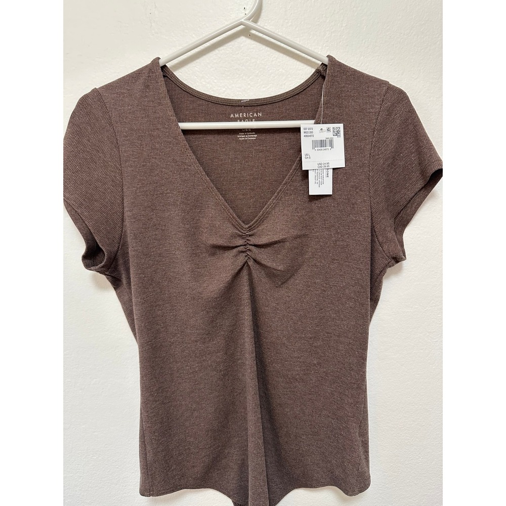 American Eagle NWT Brown Ribbed V Neck Bodysuit Short Sleeve Snapped Closure,  L - Picture 2 of 7